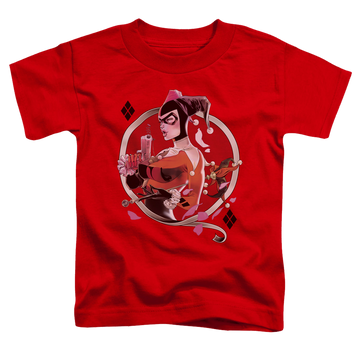 Red kid's t-shirt for ages 4 to 7 with Harley Quinn Harley Q graphic