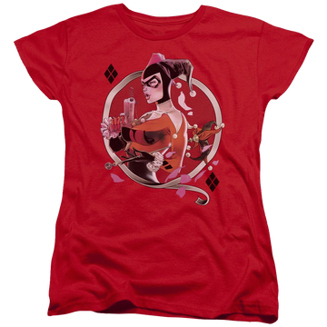 Red women's t-shirt with Harley Quinn Batman Harley Q graphic