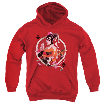 Red youth hoodie for ages 8 to 12 with Harley Quinn Harley Q graphic