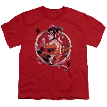 Red youth t-shirt for ages 8 to 12 with Harley Quinn Harley Q graphic