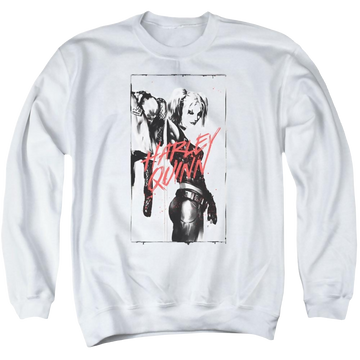White men's crewneck sweatshirt with Batman Inked Quinn graphic