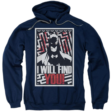 Navy pullover hoodie with Batman I Will Fnd You graphic