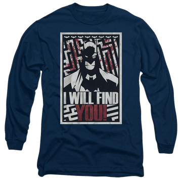 Navy men's long sleeve t-shirt with Batman I Will Fnd You graphic