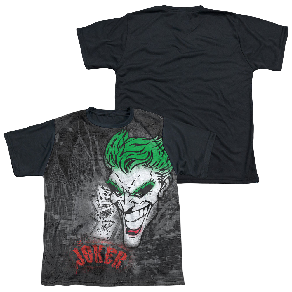 Joker, The Joker Sprays The City - Youth Black Back T-Shirt Youth Black Back T-Shirt (Ages 8-12) Joker   