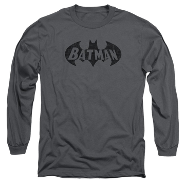 Charcoal men's long sleeve t-shirt with Batman Crackle Bat graphic