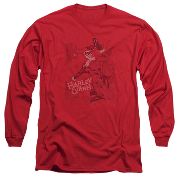 Red men's long sleeve t-shirt with Harley Quinn Batman Harleys Packing graphic