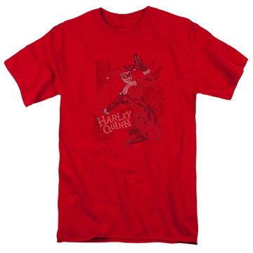 Red men's regular fit t-shirt with Harley Quinn Batman Harleys Packing graphic