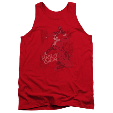 Red men's tank with Harley Quinn Batman Harleys Packing graphic