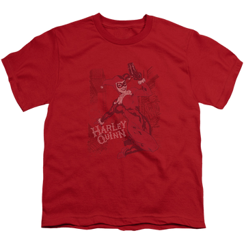 Red youth t-shirt for ages 8 to 12 with Harley Quinn Harleys Packing graphic
