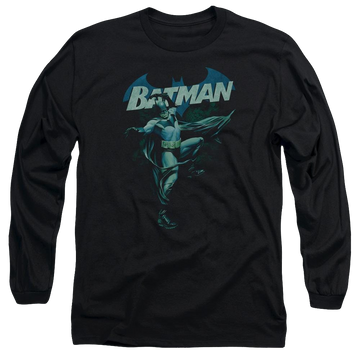 Black men's long sleeve t-shirt with Batman Blue Bat graphic