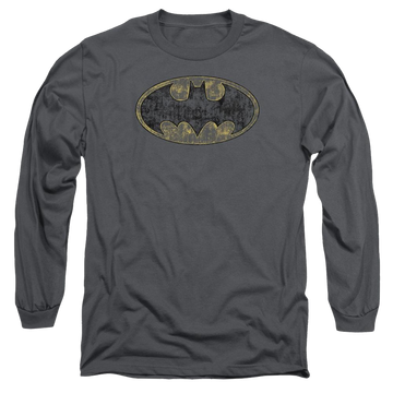Charcoal men's long sleeve t-shirt with Batman Tattered Logo graphic