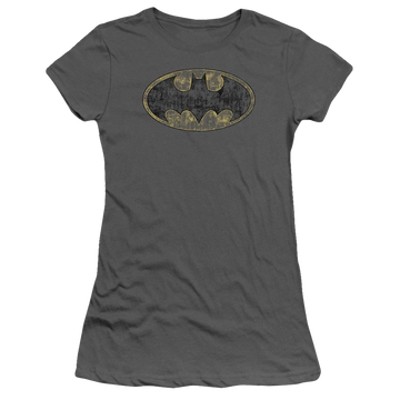 Charcoal juniors t-shirt with Batman Tattered Logo graphic