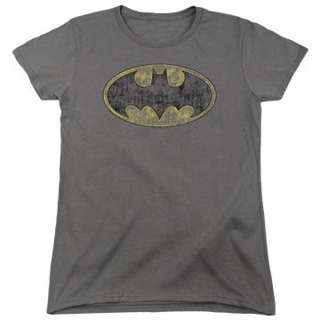 Charcoal women's t-shirt with DC Batman Tattrered Logo graphic