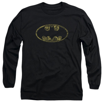 Black men's long sleeve t-shirt with Batman Tattered Logo graphic