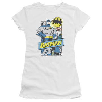 White juniors t-shirt with Batman Out Of The Pages graphic