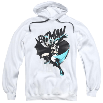 White pullover hoodie with Batman Batarang Throw graphic