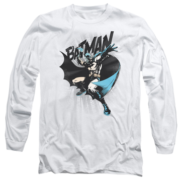 White men's long sleeve t-shirt with Batman Batarang Throw graphic