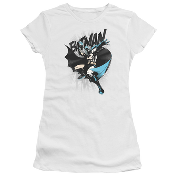 White juniors t-shirt with Batman Batarang Throw graphic