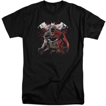 Black men's tall fit t-shirt with Batman Raging Bat graphic