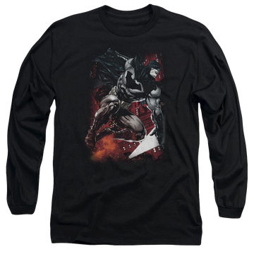 Black men's long sleeve t-shirt with Batman Sparks Leap graphic