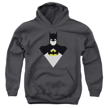 Charcoal youth hoodie for ages 8 to 12 with DC Batman Simple Bat graphic