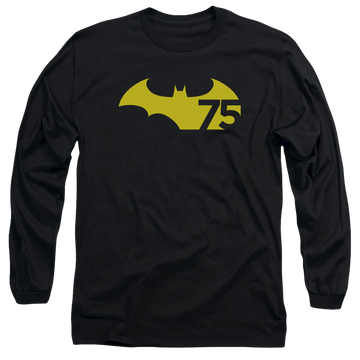 Black men's long sleeve t-shirt with Batman 75 Logo 2 graphic