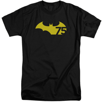 Black men's tall fit t-shirt with Batman 75 Logo 2 graphic