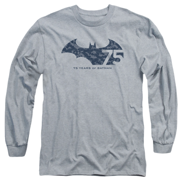 Athletic heather men's long sleeve t-shirt with Batman 75 Year Collage graphic