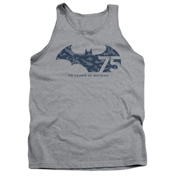 Athletic heather men's tank with Batman 75 Year Collage graphic
