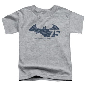 Athletic heather toddler t-shirt with DC Batman 75 Year Collage graphic
