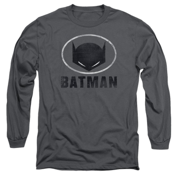 Charcoal men's long sleeve t-shirt with Batman Mask In Oval graphic