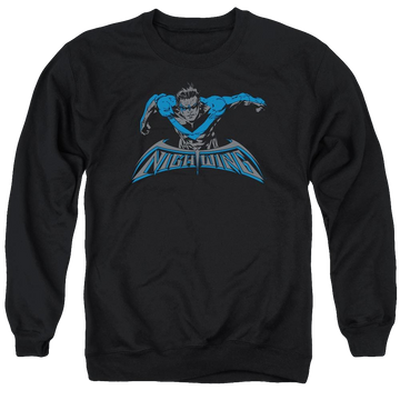 Black men's crewneck sweatshirt with Nightwing Batman Wing Of The Night graphic