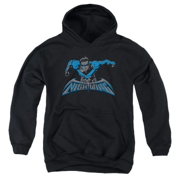 Black youth hoodie for ages 8 to 12 with Nightwing Wing Of The Night graphic