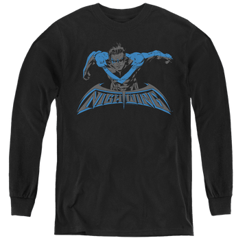 Black youth long sleeve t-shirt with Nightwing Wing Of The Night graphic