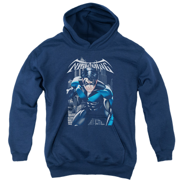 Navy youth hoodie for ages 8 to 12 with Nightwing A Legacy graphic