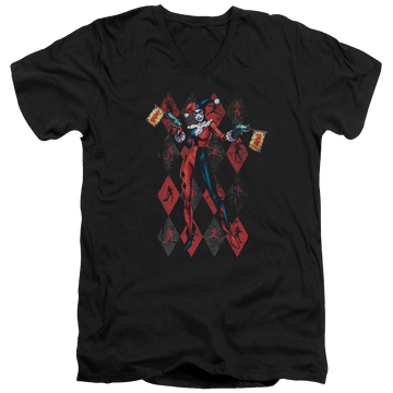 Black men's v-neck t-shirt with Harley Quinn Batman Pow Pow graphic