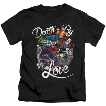 Black kid's t-shirt for ages 4 to 7 with Harley Quinn Death By Love graphic