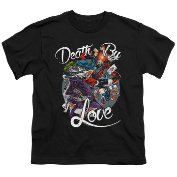 Black youth t-shirt for ages 8 to 12 with Harley Quinn Death By Love graphic