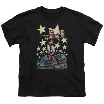 Black youth t-shirt for ages 8 to 12 with Harley Quinn Hammer Time graphic