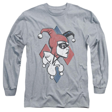 Athletic heather men's long sleeve t-shirt with Harley Quinn Batman Profiling graphic