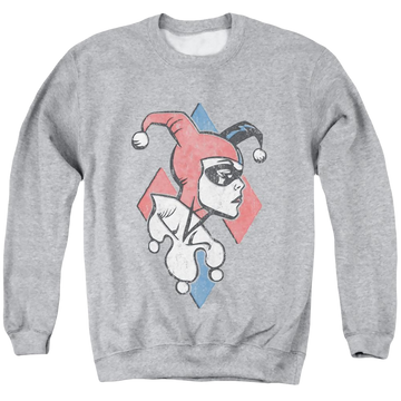 Athletic heather men's crewneck sweatshirt with Harley Quinn Batman Profiling graphic