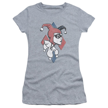Athletic heather juniors t-shirt with Harley Quinn Batman Profiling graphic
