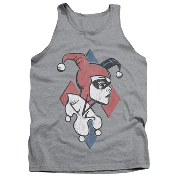Athletic heather men's tank with Harley Quinn Batman Profiling graphic