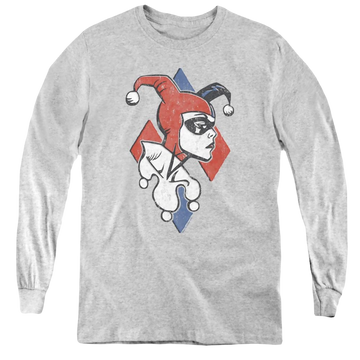 Athletic heather youth long sleeve t-shirt with Harley Quinn Profiling graphic