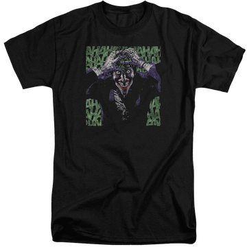 Black men's tall fit t-shirt with Joker Batman Insanity graphic