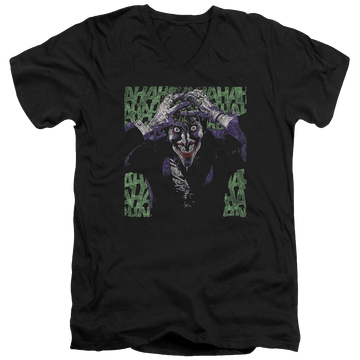 Black men's v-neck t-shirt with Joker Batman Insanity graphic