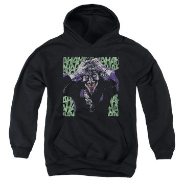 Black youth hoodie for ages 8 to 12 with Joker Insanity graphic