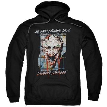 Black pullover hoodie with Joker Batman Just For Laughs graphic