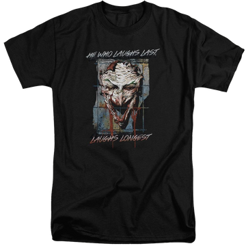 Black men's tall fit t-shirt with Joker Batman Just For Laughs graphic