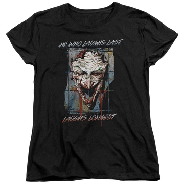 Black women's t-shirt with Joker Batman Just For Laughs graphic